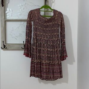 Boho Patterned Long-Sleeve Women's Dress in Burgundy